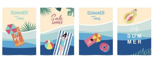 carte postale de l'heure d'été avec piscine et plage dans le fond de la journée vecteur