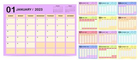La semaine du calendrier de table 2023 commence le dimanche avec la couleur utilisée pour le numérique vertical et l'imprimable vecteur