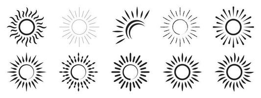 ensemble d'éléments de conception sunburst couleur noire. conception abstraite d'illustration de paquet de soleil. ensemble de conception de symbole de logo d'art de ligne de vecteur de soleil. jeu d'icônes d'éléments de conception vectorielle