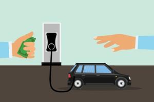 homme obtenant du carburant dans sa voiture et donnant de l'argent concept vecteur. prendre du carburant dans la voiture à une station-service avec de l'argent en main. concept de charge de voiture électrique avec deux mains humaines transférant le vecteur d'argent.