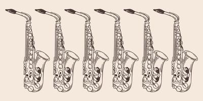 six saxophones dessinés à la main vintage dans un style gravé vintage vecteur