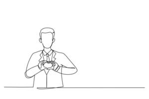 dessin d'un jeune homme d'affaires en chemise formelle montrant un signe de coeur exprimant l'amour, l'affection ou l'admiration. style d'art en ligne unique vecteur
