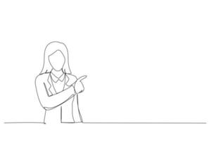 dessin animé de jeune femme pointant le doigt sur le côté. style d'art en ligne continue unique vecteur