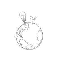 dessin en ligne continu de la terre avec le symbole de la plante et de l'ampoule pour l'illustration de l'énergie écologique vecteur