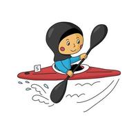 sportive musulmane pagayant sur un kayak de course. illustration vectorielle de canoë sport. vecteur