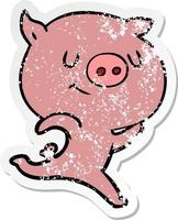 autocollant en détresse d'un cochon de dessin animé heureux en cours d'exécution vecteur