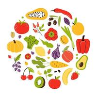 un ensemble de produits en cercle, des aliments sains. fruits, légumes et noix. illustration de vecteur plat de dessin animé isolé sur fond blanc.