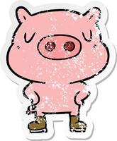 autocollant en détresse d'un cochon de dessin animé portant des bottes vecteur