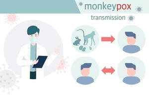 infographie de l'infection par le virus monkeypox, transmission de l'animal à l'homme. et transmission interhumaine, illustration vectorielle vecteur