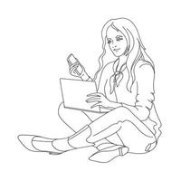 la jeune femme est assise et lit. fille étudiant, tenant un ordinateur portable et un téléphone. dessin à la main apprenants fille avec des appareils isolés sur fond blanc. illustration vectorielle de contour. vecteur