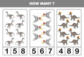 jeu éducatif pour les enfants comptant combien de dinosaures gris préhistoriques de dessin animé mignon vecteur