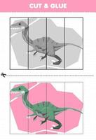 jeu éducatif pour enfants découpé et collé avec un dinosaure préhistorique de dessin animé mignon velociraptor vecteur