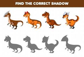 jeu éducatif pour les enfants trouver le bon ensemble d'ombres de dinosaure brun préhistorique de dessin animé mignon vecteur