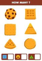 jeu éducatif pour les enfants cherchant et comptant combien d'objets comme forme géométrique carré cercle triangle dessin animé nourriture biscuit cookie gaufre vecteur