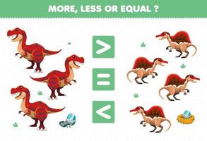 jeu éducatif pour les enfants plus moins ou égal compter la quantité de tyrannosaurus et spinosaurus de dinosaures préhistoriques de dessin animé mignon vecteur