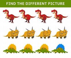 jeu éducatif pour les enfants trouver l'image différente dans chaque rangée dessin animé dinosaure préhistorique dimetrodon tyrannosaurus xenoceratops vecteur