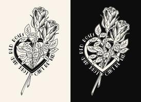 étiquette monochrome avec cadre en forme de coeur, deux roses vintage, citation d'amour. illustration vectorielle pour la conception de t-shirt. vecteur