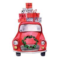 dessin à l'aquarelle. voiture de noël. jolie voiture rouge avec guirlande de noël et cadeaux. isolé sur fond blanc cliparts vecteur