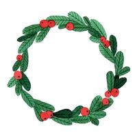 Guirlande de Noël. dessin à l'aquarelle simple, couronne de branches d'épinette verte et de baies rouges. symbole du nouvel an, noël vecteur