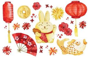 dessin à l'aquarelle. ensemble d'éléments du nouvel an chinois. année du lapin, lièvre. lanternes chinoises rouges et or, pièces de monnaie, fleurs vecteur