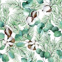 modèle sans couture aquarelle sur le thème de l'hiver, nouvel an, noël. fleurs de coton, feuilles d'eucalyptus, branches de sapin et cônes sur fond blanc vecteur