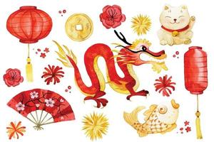 dessin à l'aquarelle. ensemble de cliparts du nouvel an chinois. adorables dessins de dragons chinois, lanternes, feux d'artifice de couleur rouge et or vecteur