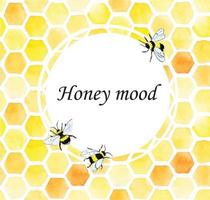 logo de dessin à l'aquarelle, carte avec abeilles mignonnes et nid d'abeille. inscription humeur de miel. fond jaune en nid d'abeille, design pour magasin de miel, produits écologiques, desserts au miel vecteur