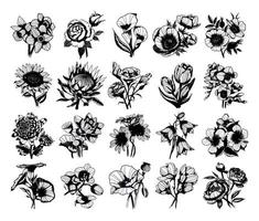 illustrations de bourgeons de fleurs dans un style d'encre d'art vecteur