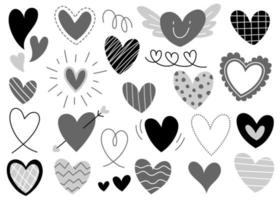 mignon cœur élément décoration saint valentin amour romantique noir gris gris ligne forme griffonnage dessin animé main dessin esquisser vecteur illustration pack ensemble bundle collection