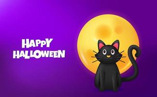 chat noir avec pleine lune jolie illustration 3d pour le concept de bannière de fête d'halloween avec fond violet vecteur