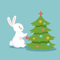 personnage mignon lapin blanc décorer le sapin de noël. illustration vectorielle de lapin sur fond bleu, symbole 2023 nouvel an vecteur