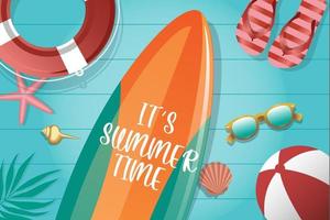 illustration vectorielle de l'heure d'été avec feuilles tropicales, lunettes de soleil, fond de planche de surf pour la conception de bannière, flyer, affiche ou site web. vecteur