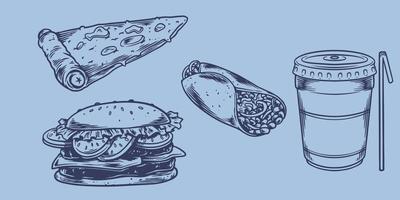 dessin à la main ensemble de restauration rapide de hamburger, pizza, kebab, boisson non alcoolisée vecteur