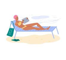personnage de dessin animé plat surfant sur internet en vacances de voyage, concept d'illustration vectorielle vecteur
