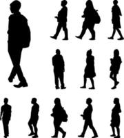silhouettes noires à pied, icône homme et femme voyagent sur fond blanc vecteur