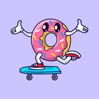 mascotte mignonne de beignet jouant à la planche de surf vecteur