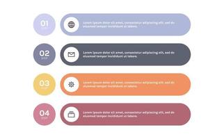 infographie et présentation de conception d'étiquettes en quatre étapes, bannière, flux de travail, mise en page, diagramme de processus, illustration vectorielle plane d'organigramme. vecteur