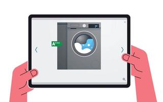 main tenant la tablette et la machine à laver sur l'illustration vectorielle plane de l'écran de la tablette. vecteur