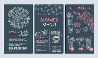 menu d'été, conception de modèles. dépliant alimentaire. style dessiné à la main. illustration vectorielle. vecteur