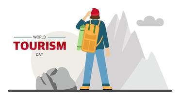 bannière de la journée mondiale du tourisme pour les vacances. un voyageur masculin est engagé dans la randonnée pédestre avec un sac à dos un touriste dans les montagnes illustration vectorielle vecteur