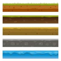 couches de sol, de sol et souterraines, niveaux de jeu sans couture de dessin animé. vue en coupe vectorielle de la texture naturelle de la terre avec de la boue, des cailloux, de l'herbe verte et de l'eau. vecteur