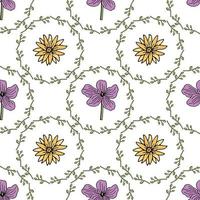 modèle sans couture avec de jolies fleurs jaunes et violettes et des éléments décoratifs verts sur fond blanc. image vectorielle. vecteur