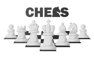 logo d'échecs et set de figures blanches pour le jeu de société de stratégie d'échecs. fond logo d'échecs vecteur