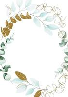 stock illustration cadre rond de feuilles d'eucalyptus. dessin aquarelle et paillettes d'or. ornement de conception graphique pour mariage, carte de voeux isolée sur fond blanc. place pour le texte vecteur