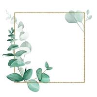 cadre de paillettes dorées avec des feuilles d'eucalyptus aquarelles isolées sur fond blanc. conception pour les mariages, les invitations, les cartes. logo vintage pour parfumerie, cosmétique vecteur