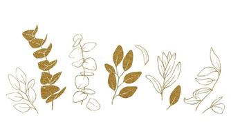 illustration stock contours d'eucalyptus et de feuilles d'olivier en paillettes d'or. ensemble d'éléments de conception graphique de feuilles d'or. dessin graphique minimaliste isolé sur fond blanc vecteur