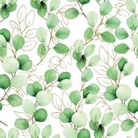 motif harmonieux d'aquarelle avec des feuilles d'eucalyptus et des éléments dorés. impression de luxe vintage avec des feuilles dorées et des feuilles d'aquarelle vertes isolées sur fond blanc. conception pour papier peint, tissu vecteur