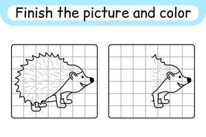 compléter le tableau hérisson. copier l'image et la couleur. terminer l'image. livre de coloriage. jeu d'exercices de dessin éducatif pour les enfants vecteur