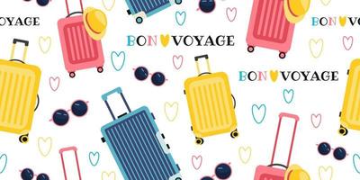 modèle sans couture avec valises et accessoires de voyage. inscription bon voyage, coeurs et lunettes de soleil. illustration vectorielle plane. vecteur