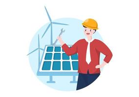 installation d'énergie solaire, entretien de panneaux ou d'éoliennes avec l'équipe de service à domicile pour l'exploitation du réseau électrique en illustration de dessin animé vecteur